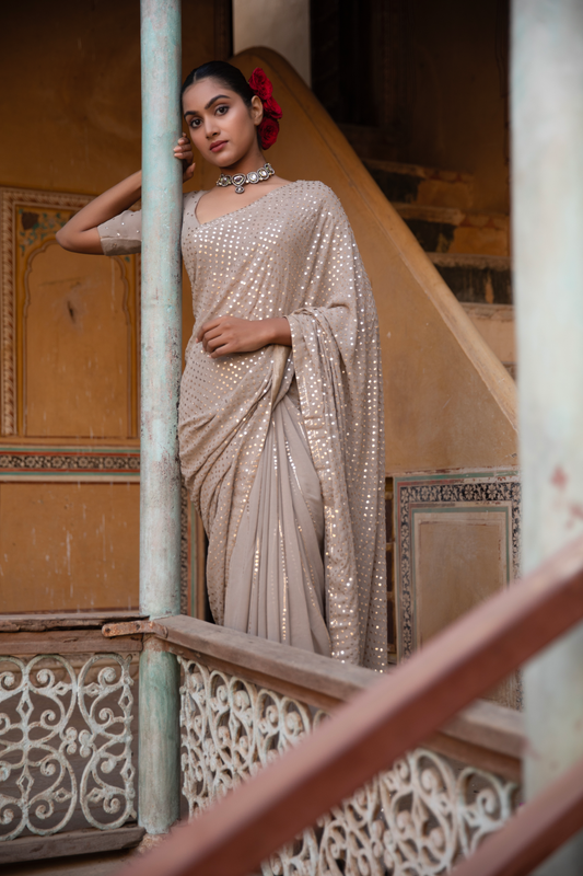 Hazelnut Pure Georgette Badla Saree and Blouse