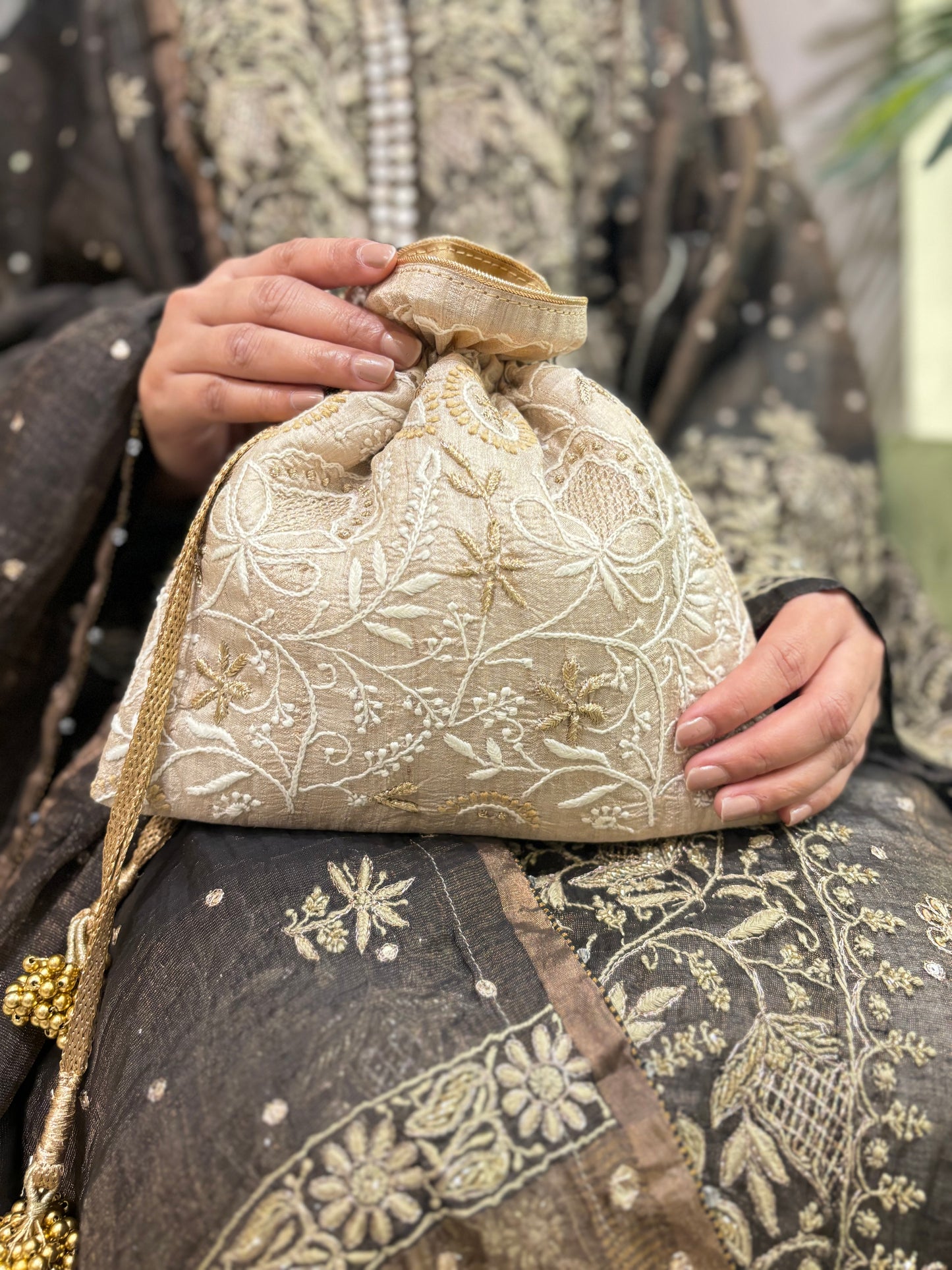 Beige Silk Chikankari Potli