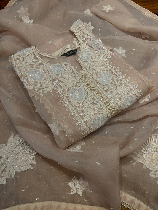 Dusty Peach Organza Silk Chikankari Kurta and Dupatta