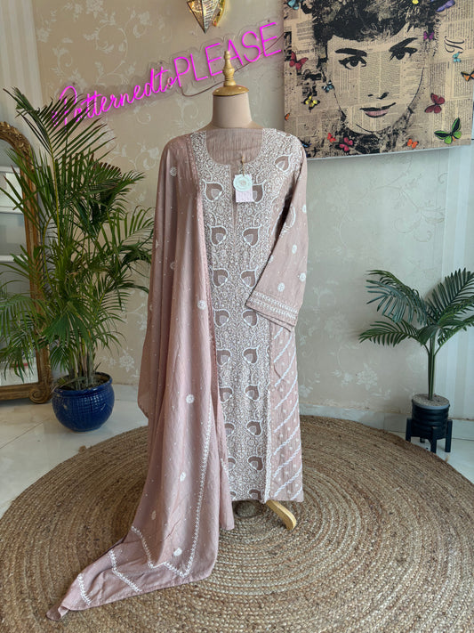 Dusty Mauve Chanderi Chikankari Kurta and Dupatta