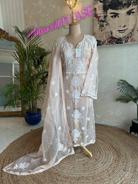 Peach Organza Chikankari Kurta and Dupatta