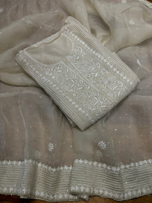 Powder Sage Green Organza Silk Chikankari Kurta and Dupatta