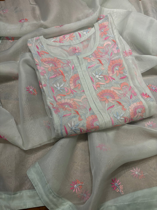 Seafoam Organza Silk Chikankari Kurta and Dupatta