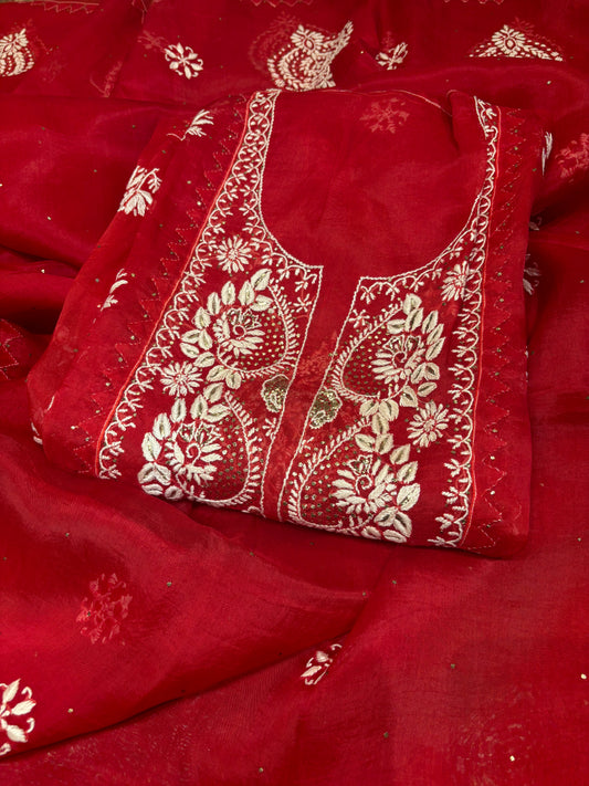 Red Organza Chikankari Kurta and Dupatta