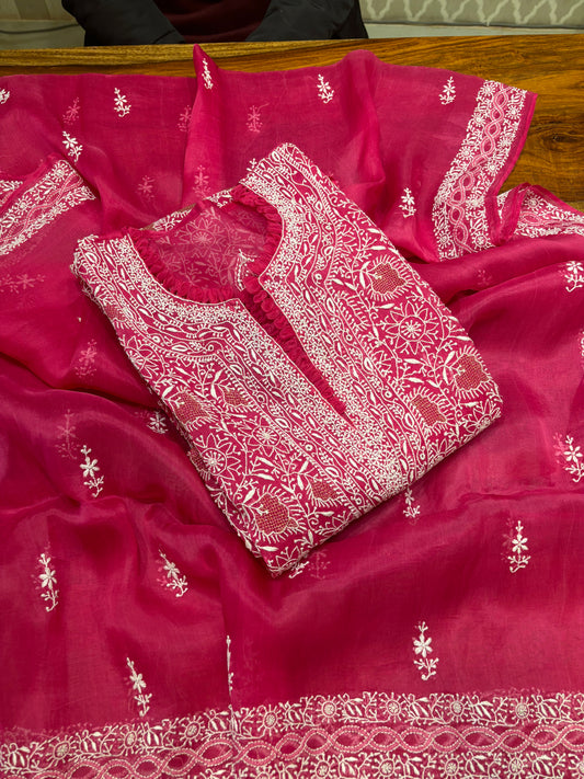 Pink Organza Silk Chikankari Kurta and Dupatta