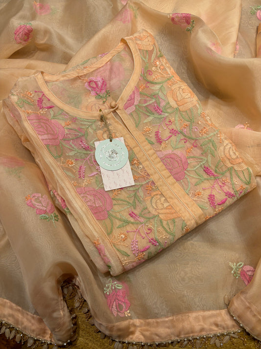 Peach Organza Chikankari Kurta and Dupatta