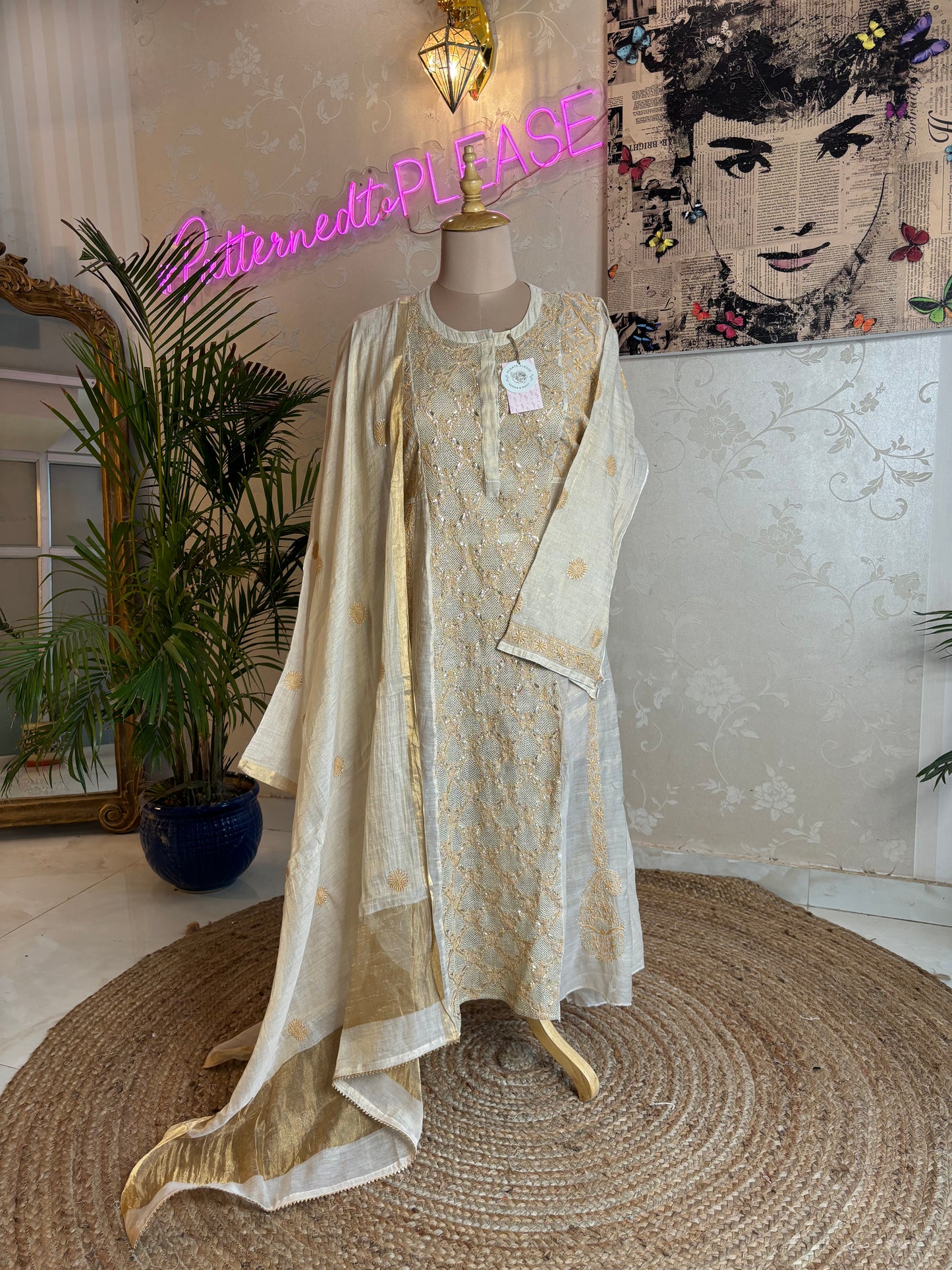 Golden Pure Tissue Chikankari Anarkali and Dupatta