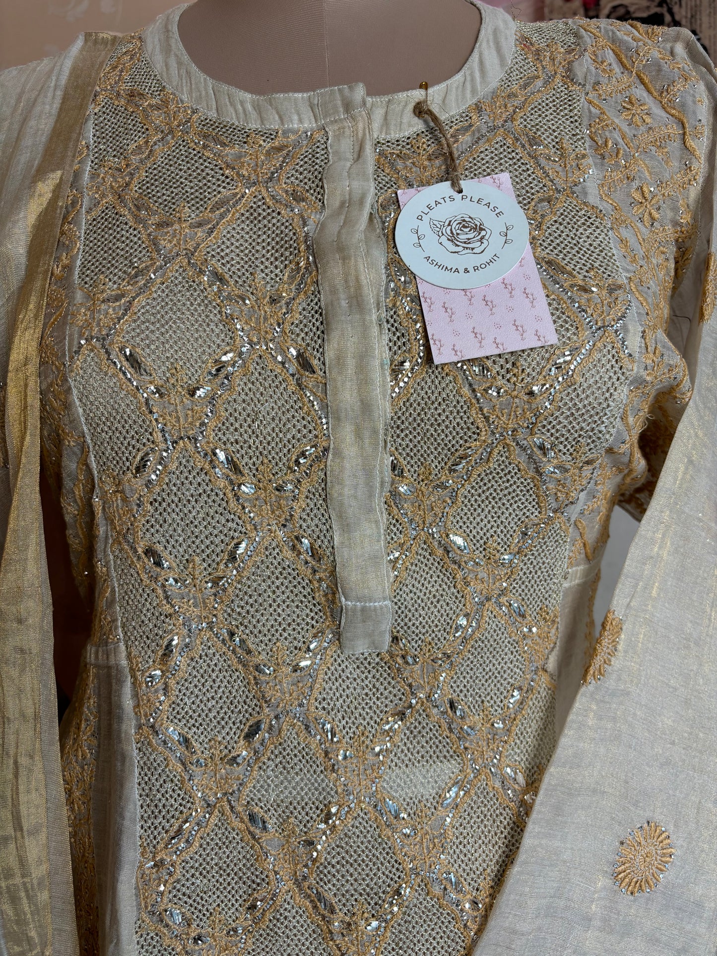 Golden Pure Tissue Chikankari Anarkali and Dupatta