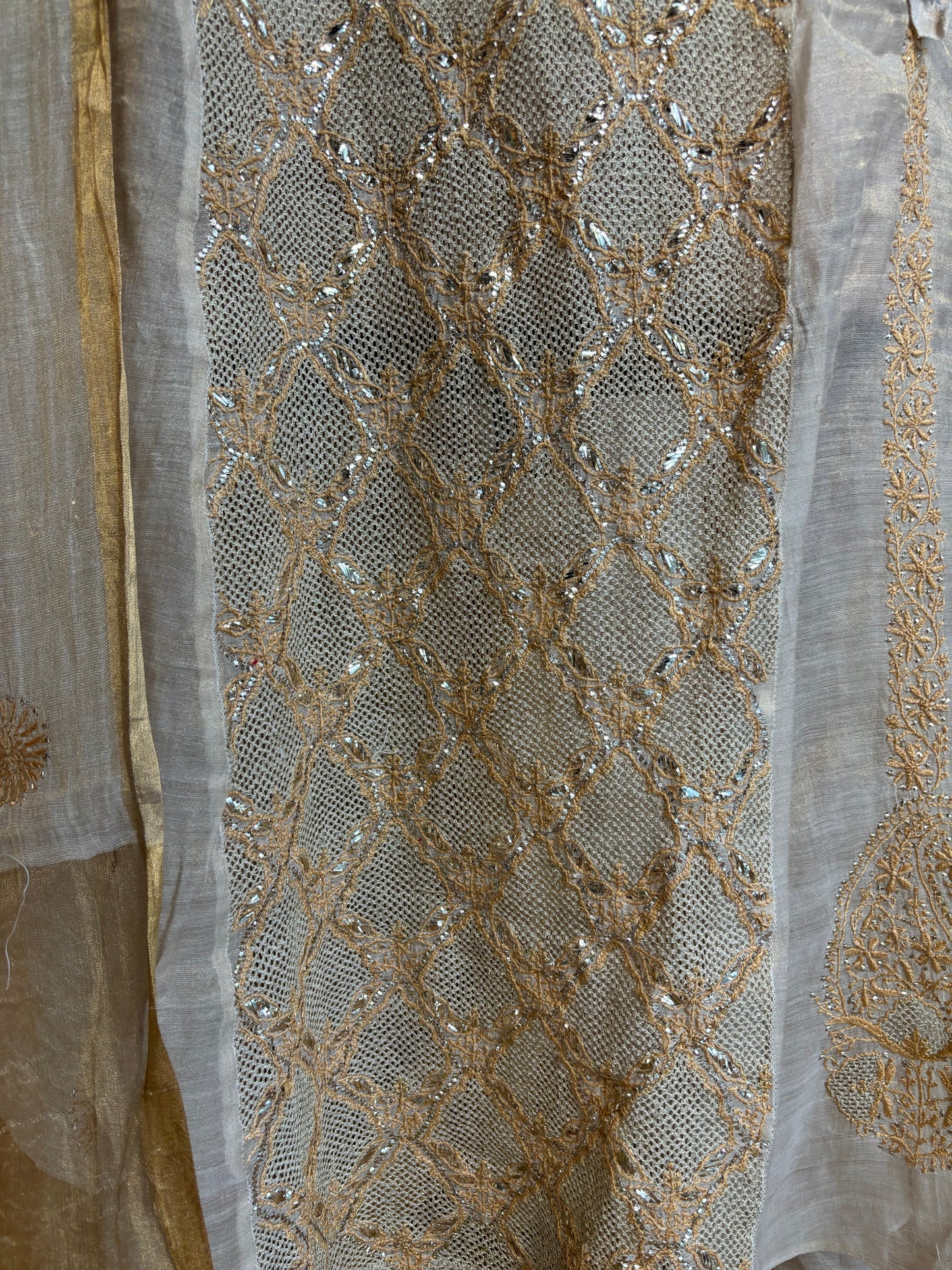 Golden Pure Tissue Chikankari Anarkali and Dupatta