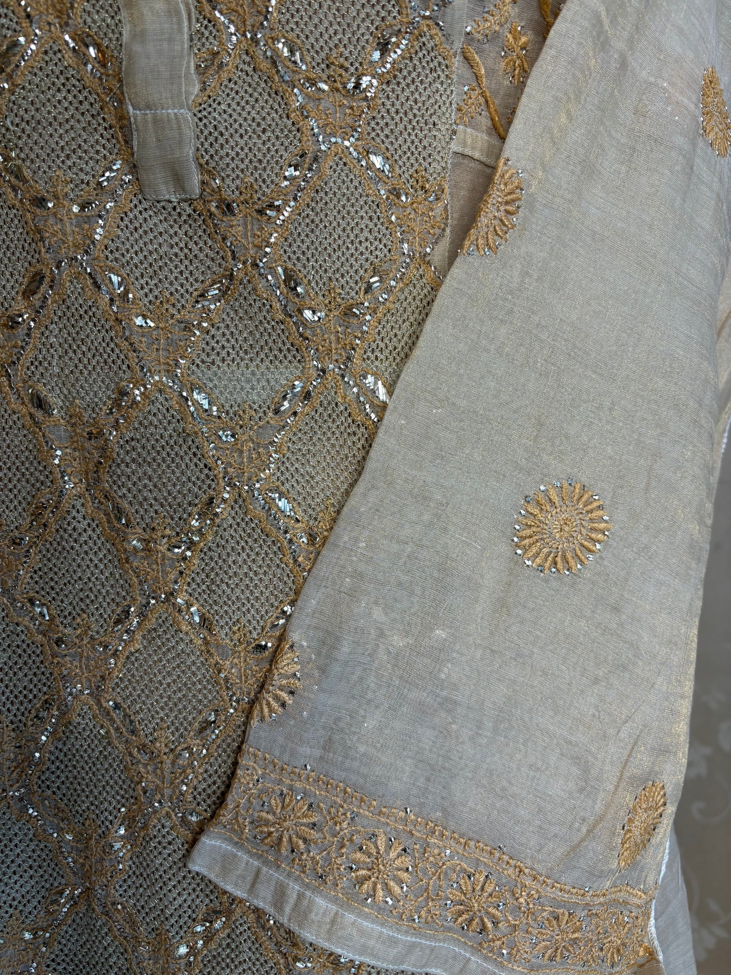 Golden Pure Tissue Chikankari Anarkali and Dupatta