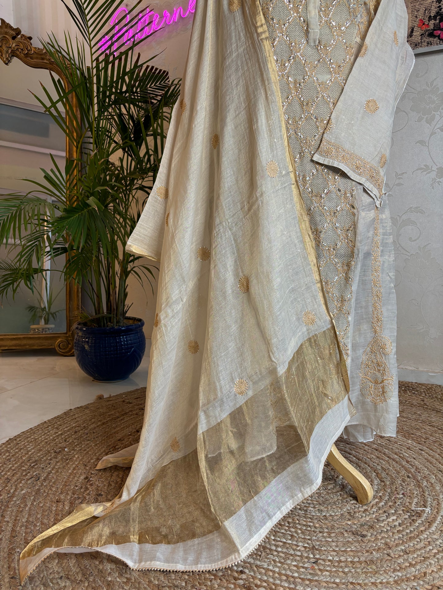 Golden Pure Tissue Chikankari Anarkali and Dupatta