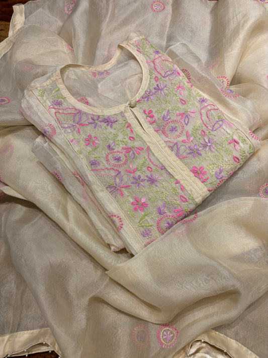 Nude Organza Chikankari Kurta and Dupatta