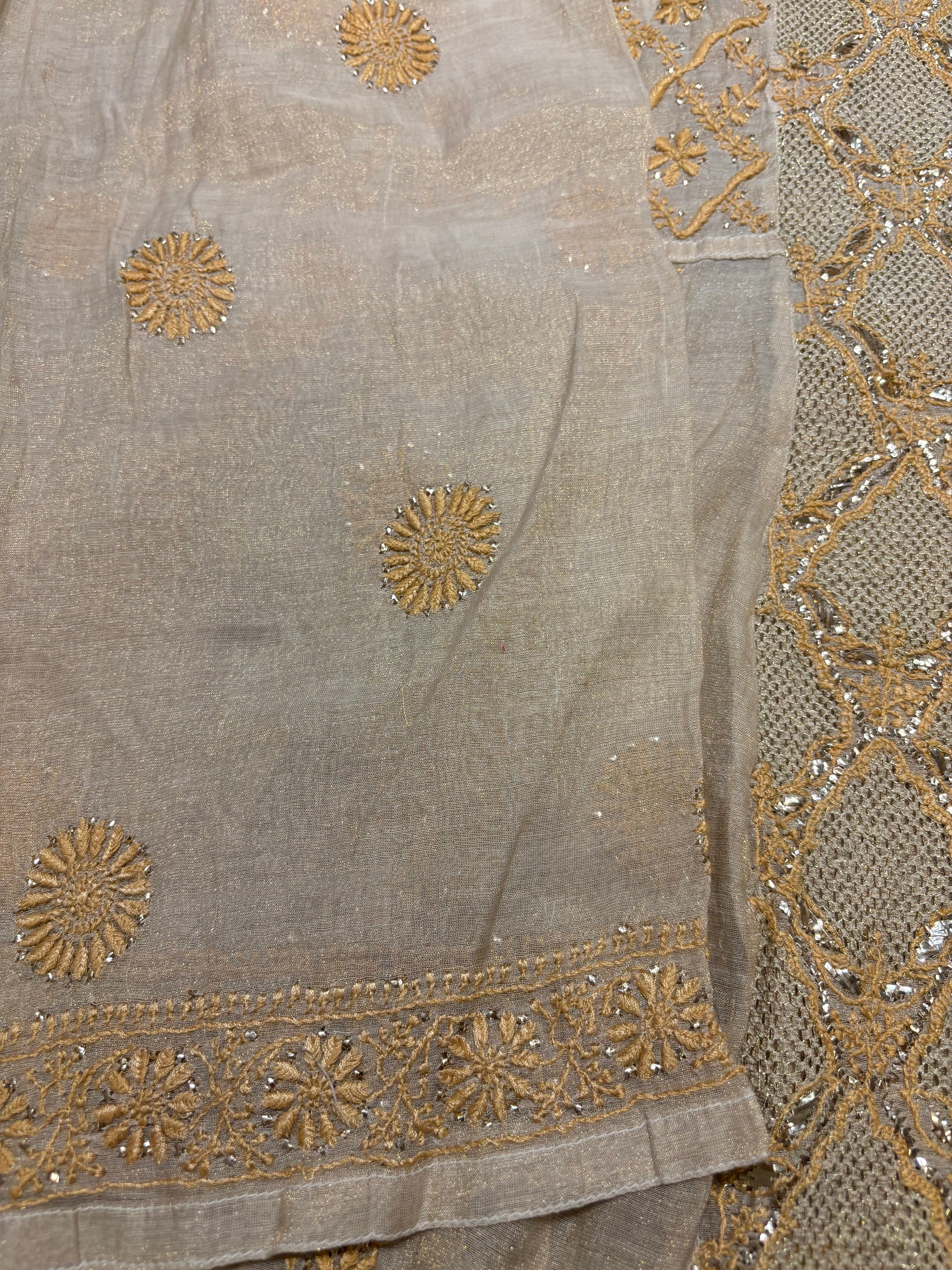 Golden Pure Tissue Chikankari Anarkali and Dupatta
