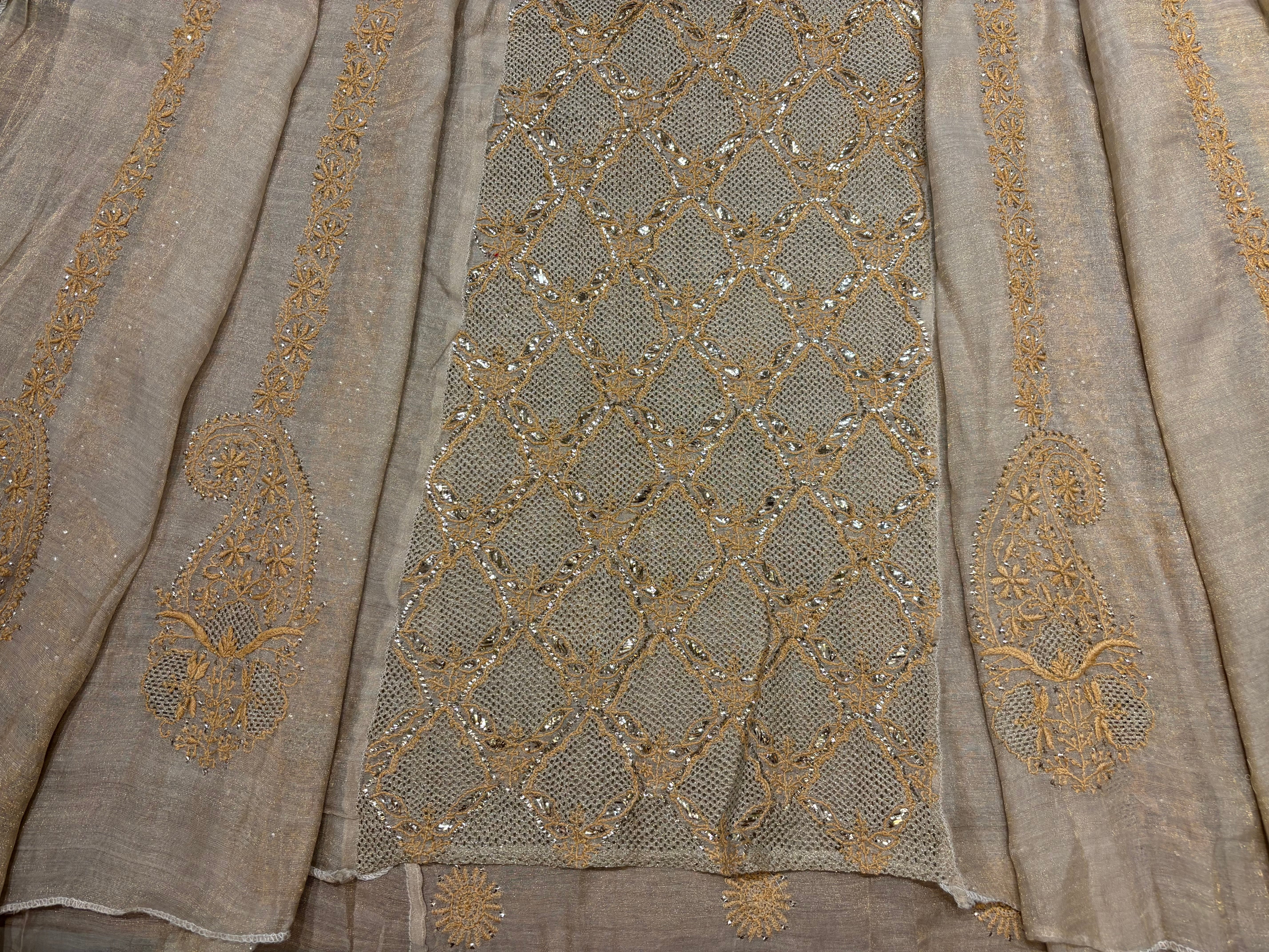 Golden Pure Tissue Chikankari Anarkali and Dupatta