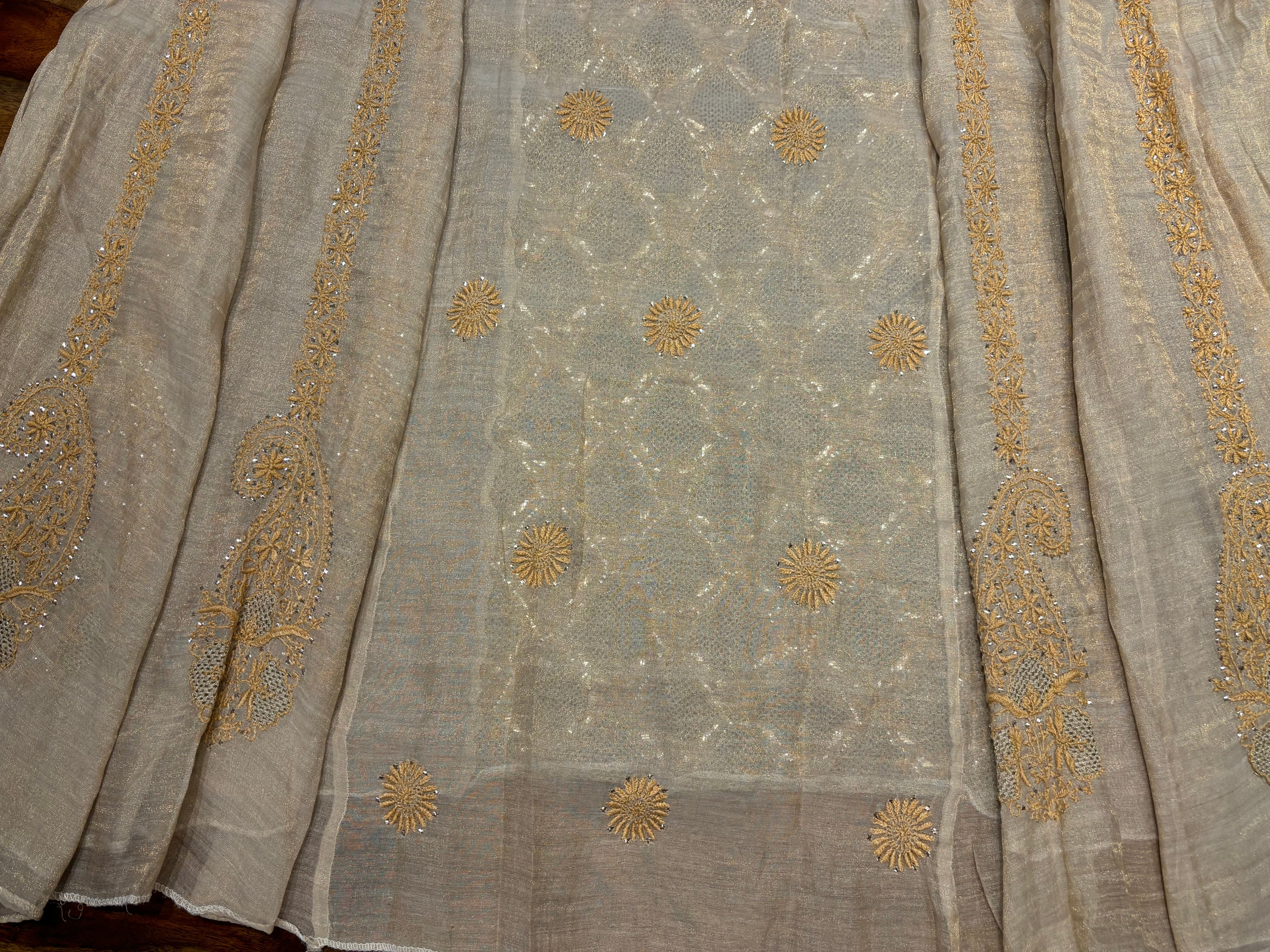 Golden Pure Tissue Chikankari Anarkali and Dupatta