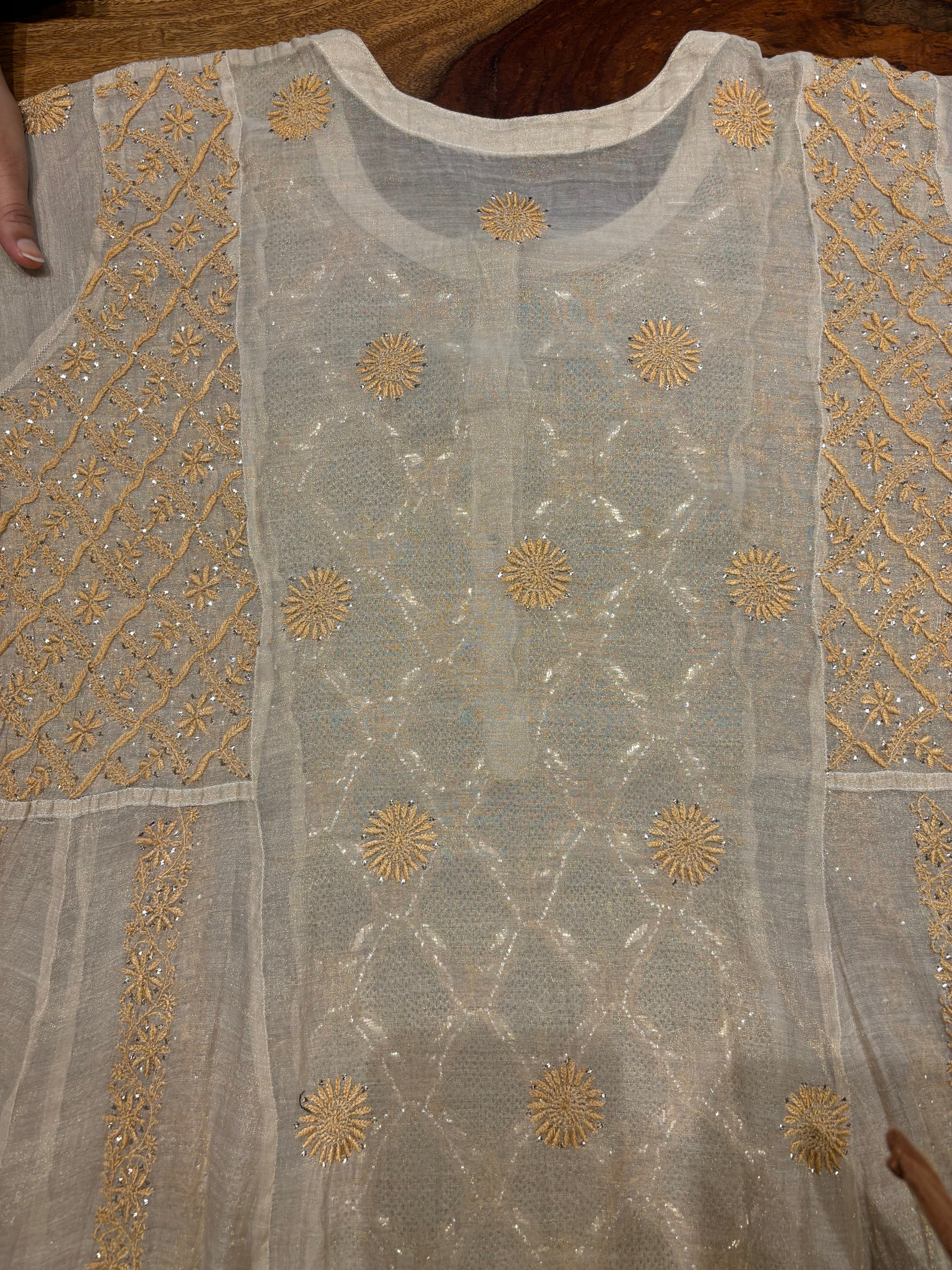 Golden Pure Tissue Chikankari Anarkali and Dupatta