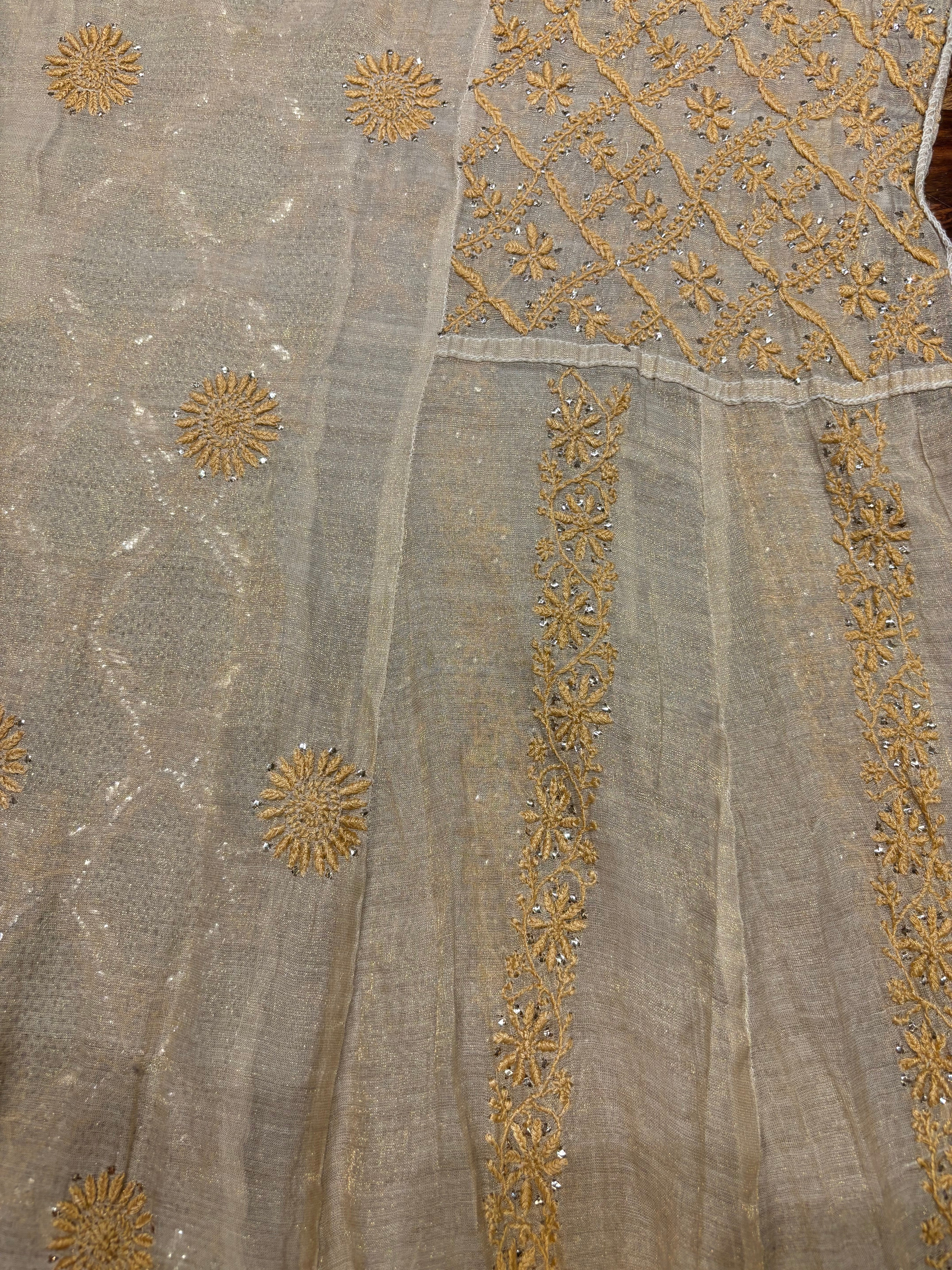 Golden Pure Tissue Chikankari Anarkali and Dupatta