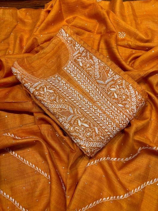 Orange Silk Chikankari Kurta and Dupatta