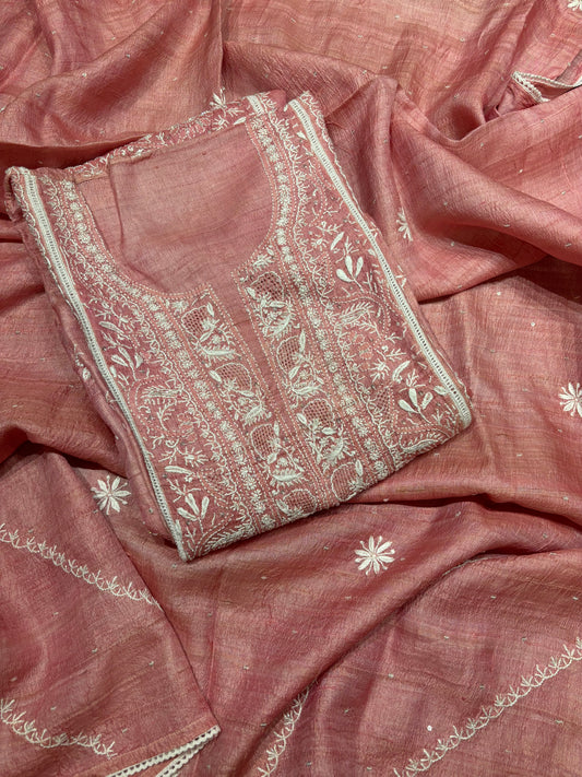 Onion Pink Silk Chikankari Kurta and Dupatta