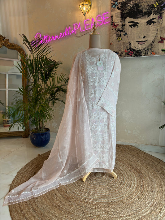 Powder Peach Organza Silk Chikankari Kurta and Dupatta