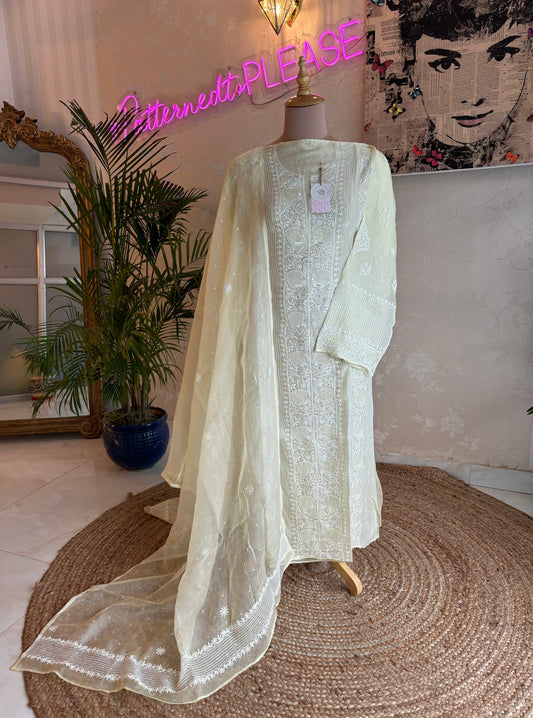 Pale Yellow Organza Silk Chikankari Kurta and Dupatta