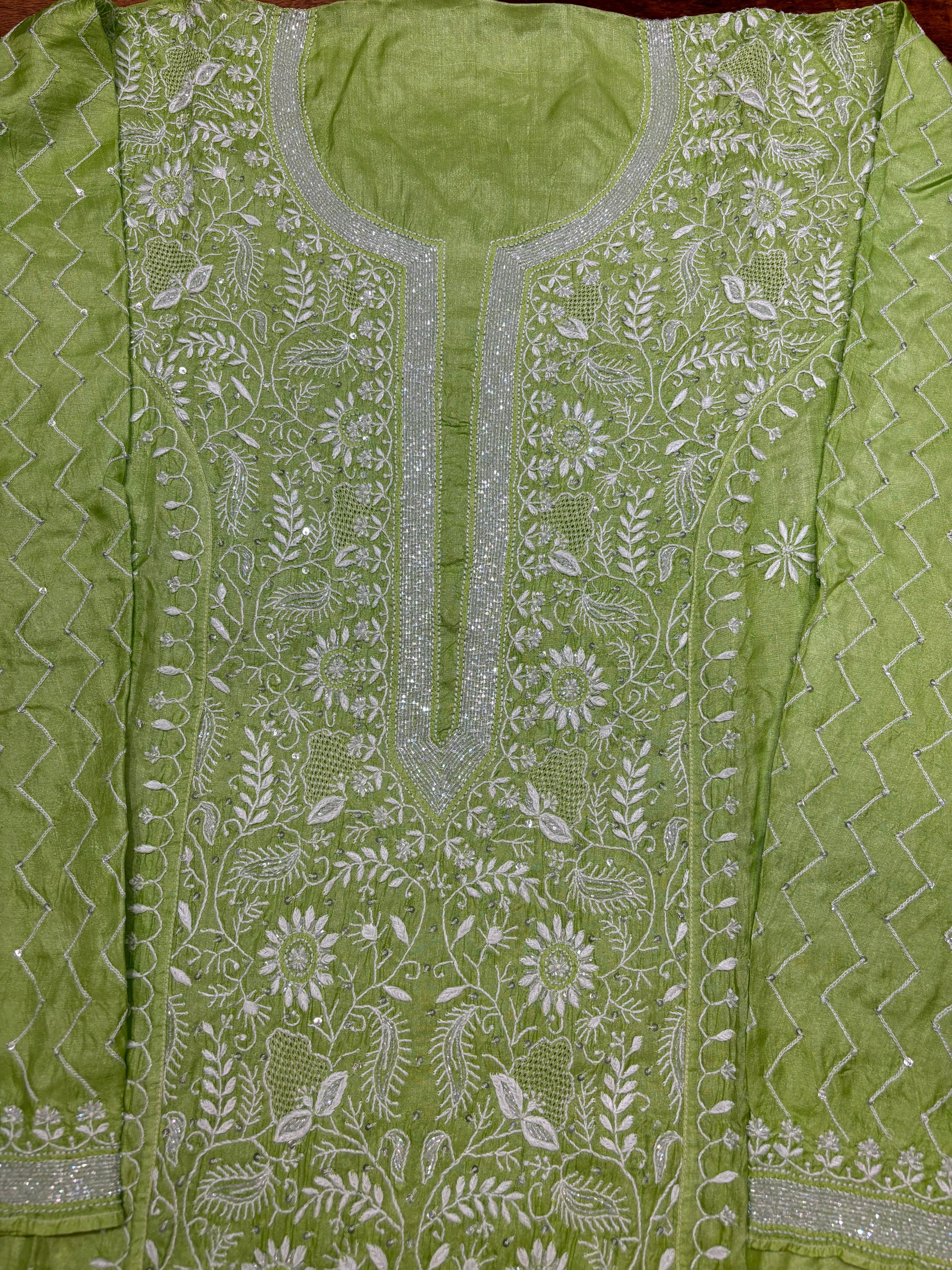 Green Silk Chikankari Kurta and Dupatta