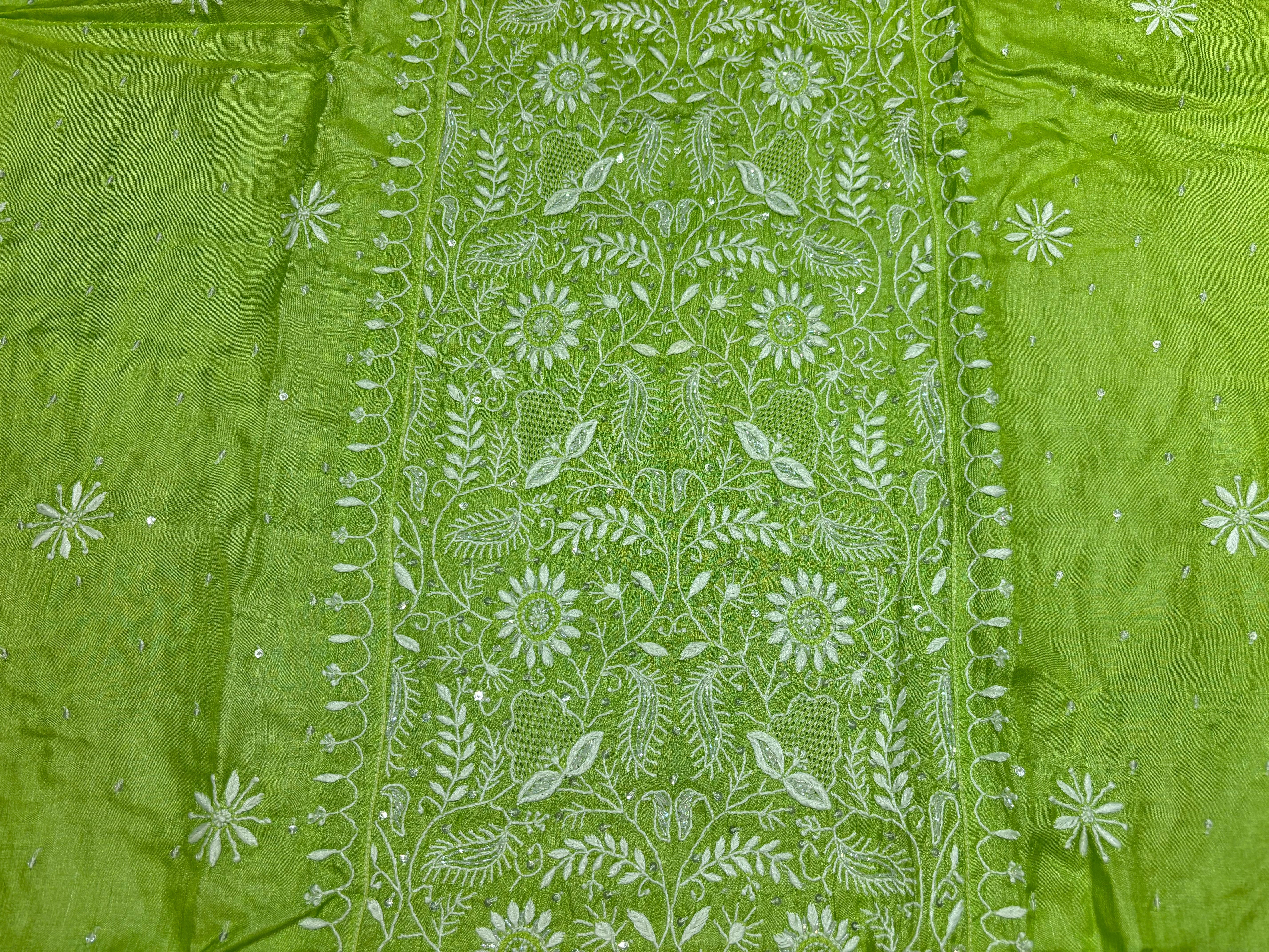 Green Silk Chikankari Kurta and Dupatta