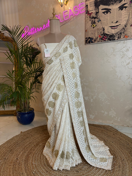 Ivory Pure Georgette Chikankari Saree