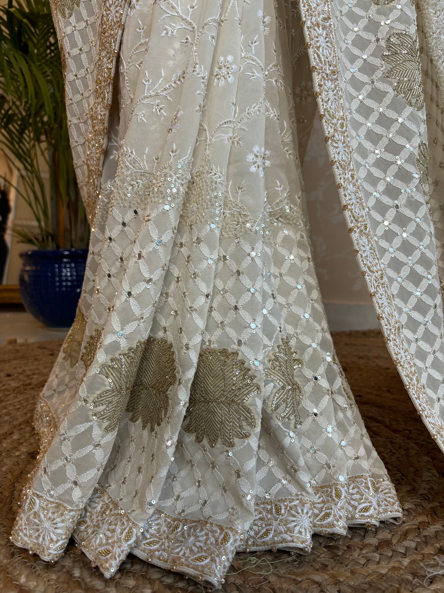 Ivory Pure Georgette Chikankari Saree