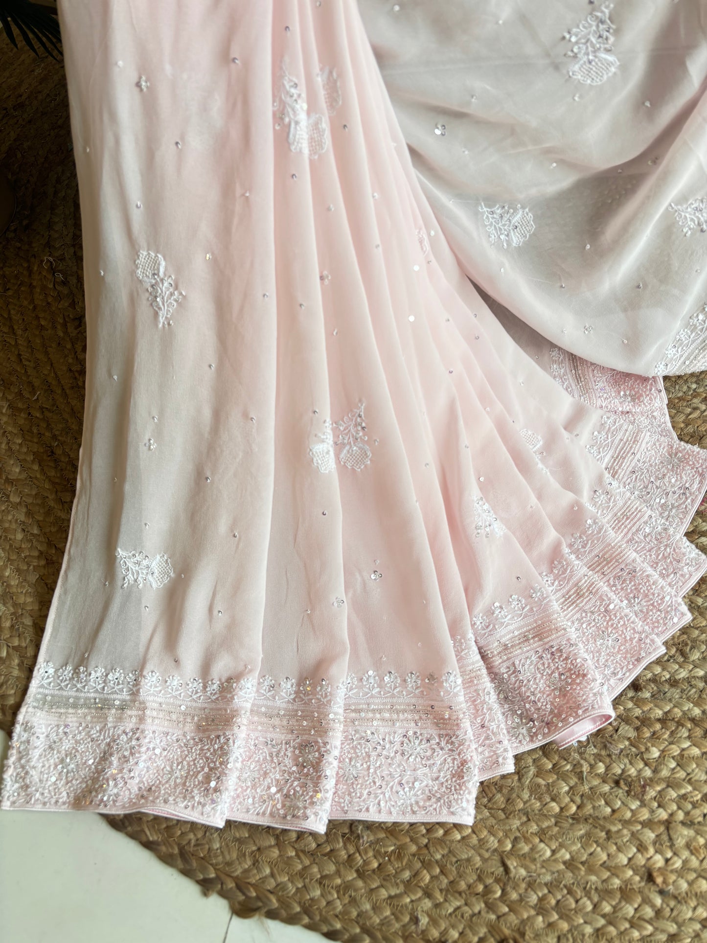 Pink Pure Georgette Chikankari Saree and Blouse