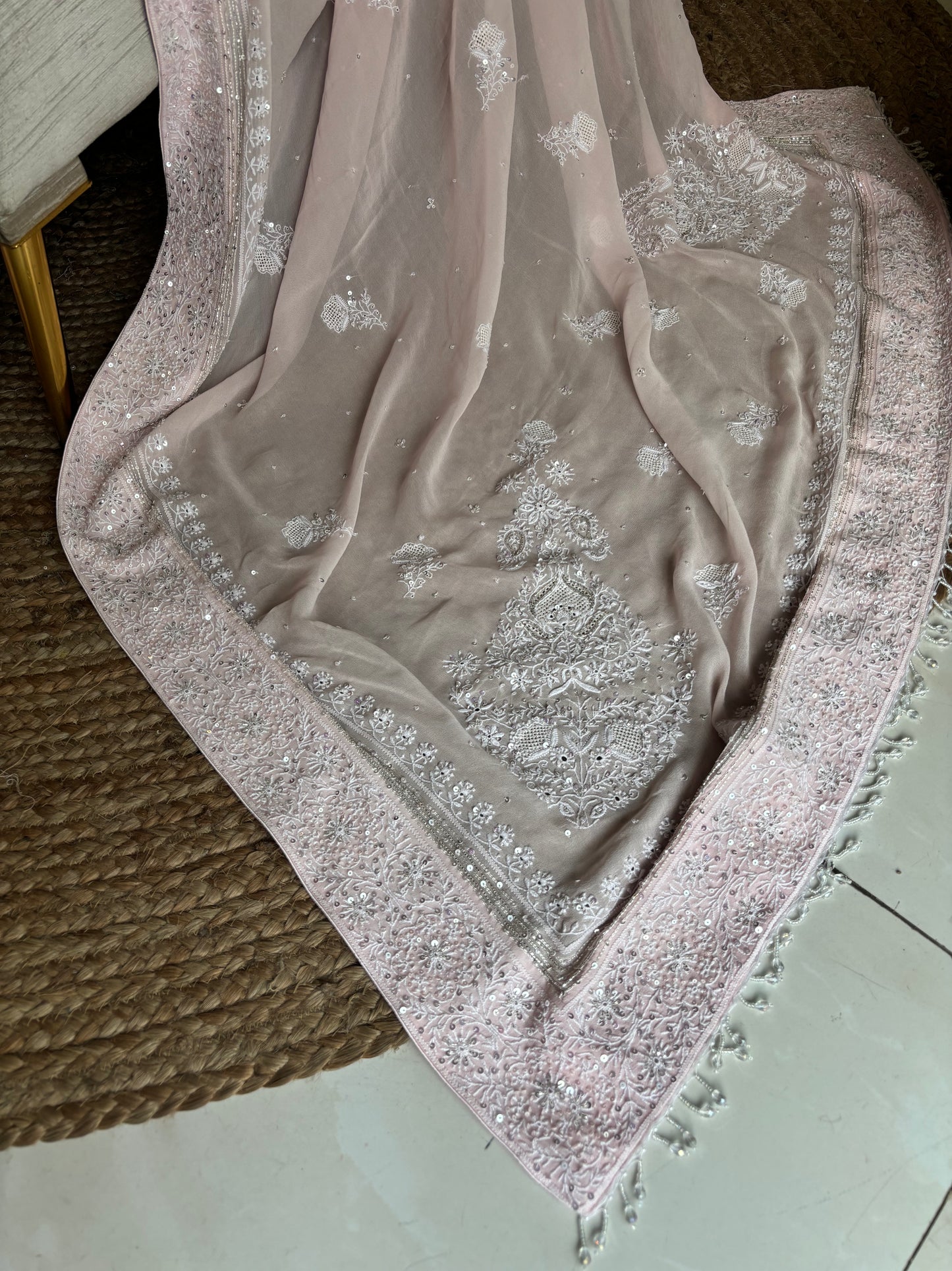 Pink Pure Georgette Chikankari Saree and Blouse