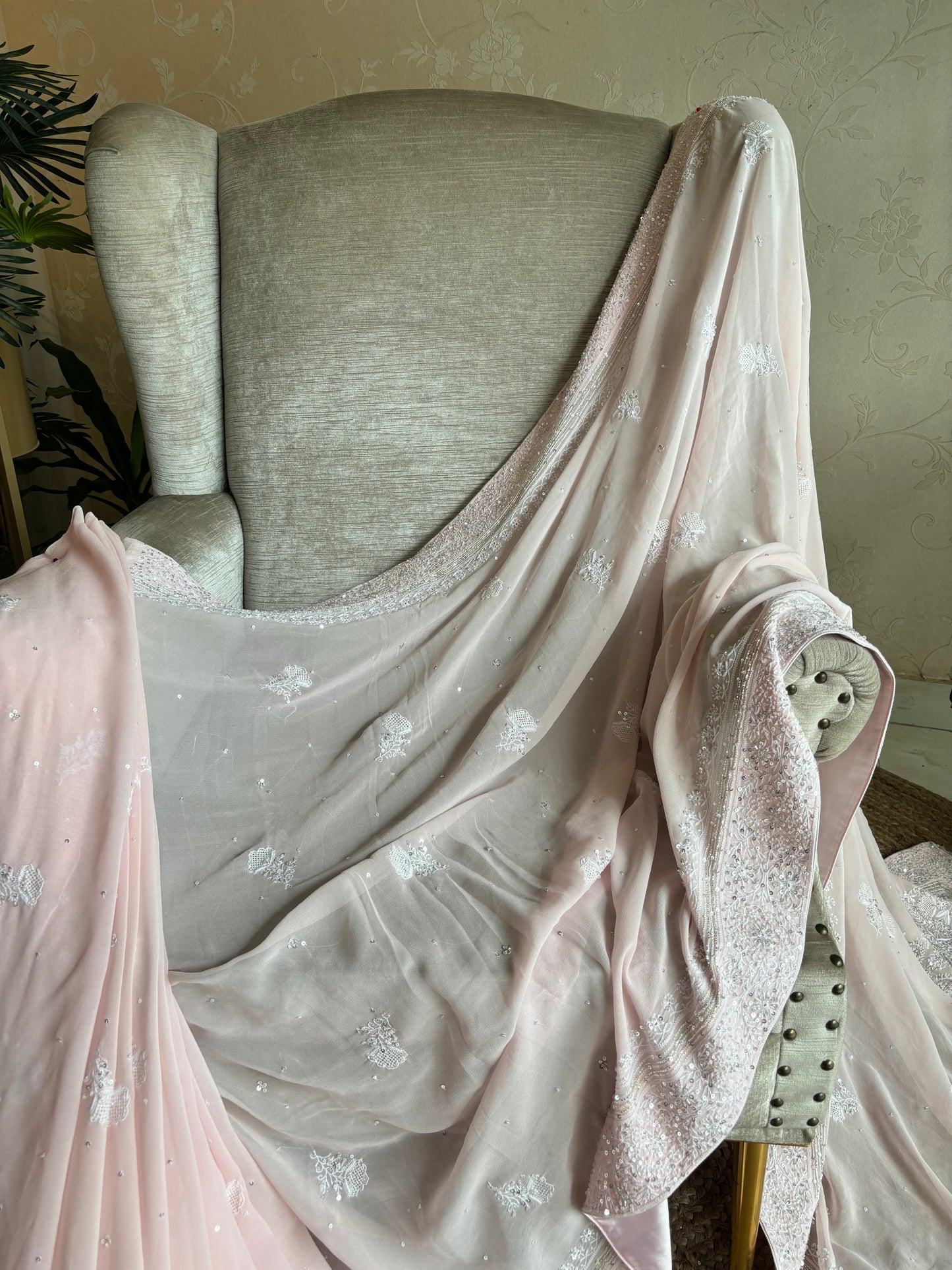 Pink Pure Georgette Chikankari Saree and Blouse