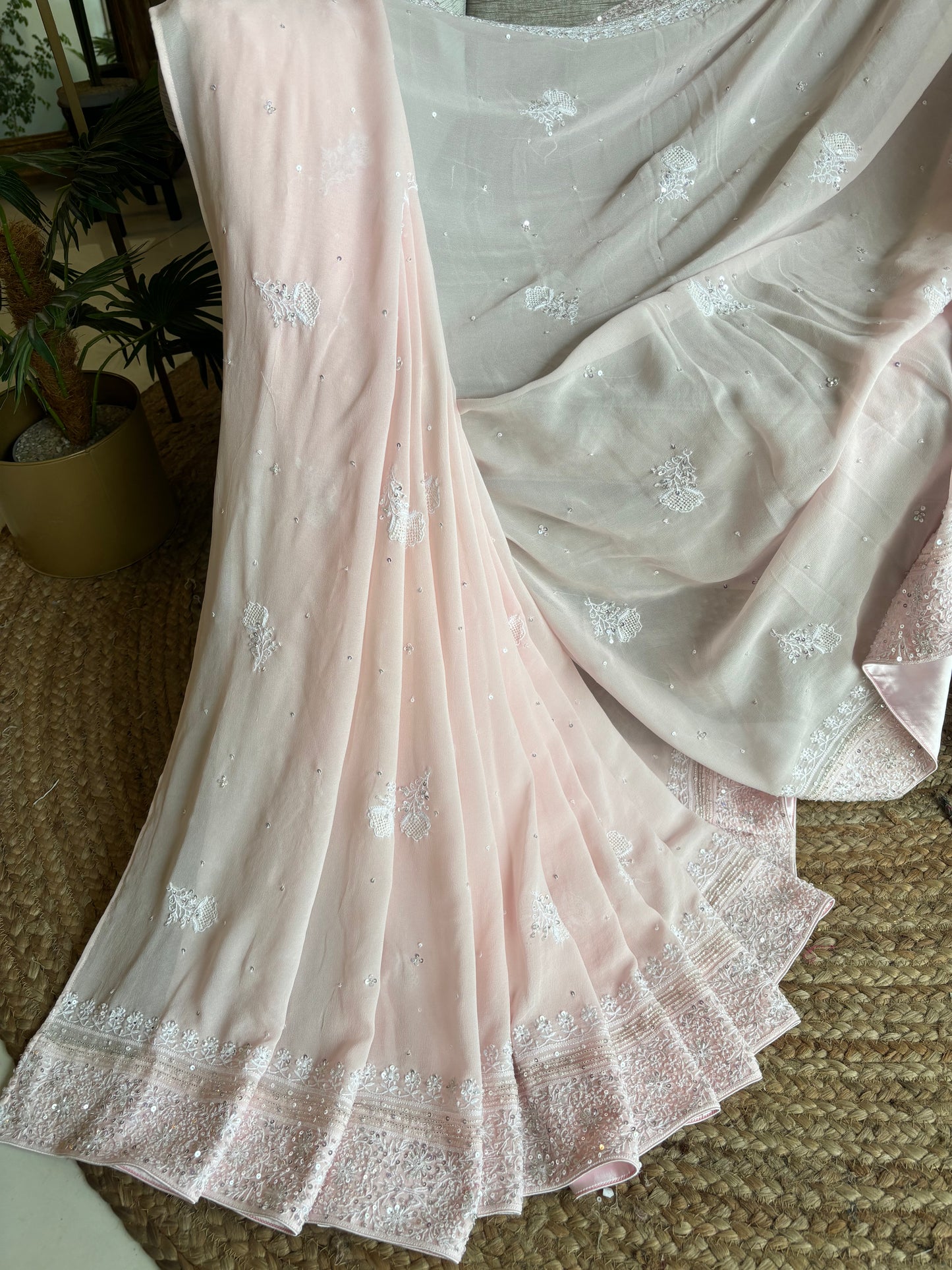 Pink Pure Georgette Chikankari Saree and Blouse