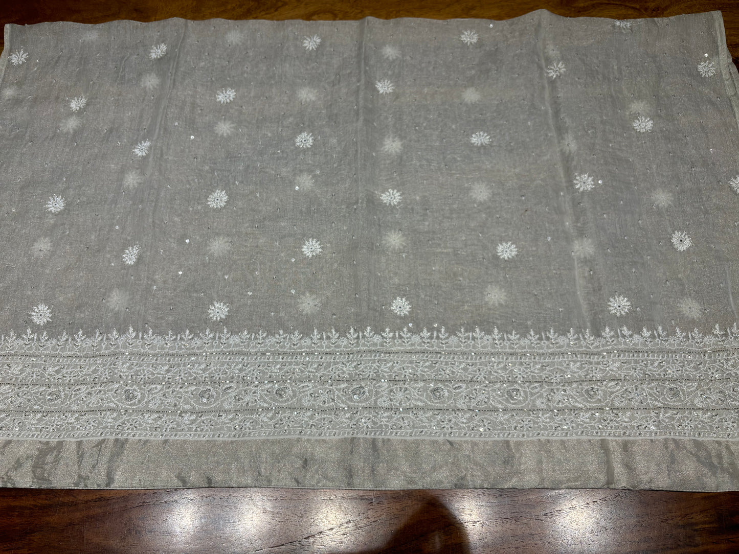 Dyeable Silver Pure Tissue Chikankari Saree and Blouse