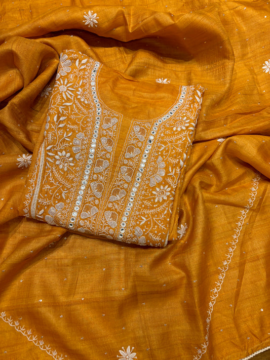 Orange Silk Chikankari Kurta and Dupatta