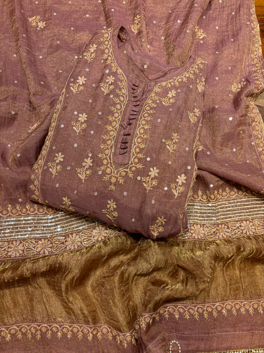 Garnet Pure Tissue Chikankari Anarkali and Dupatta