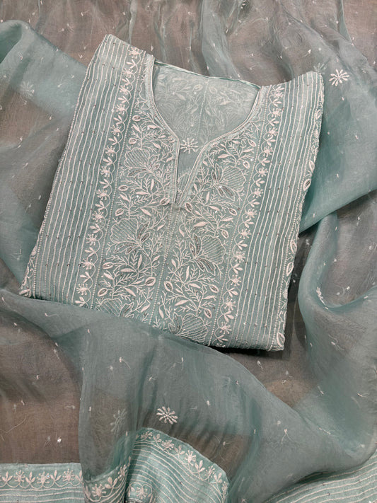 Cadet Blue Organza Silk Chikankari Kurta and Dupatta