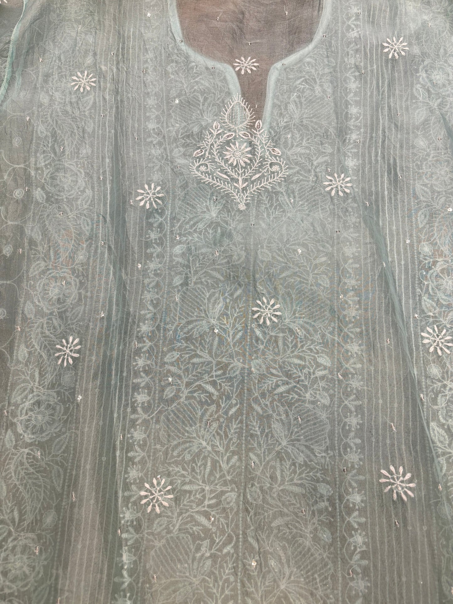 Cadet Blue Organza Silk Chikankari Kurta and Dupatta