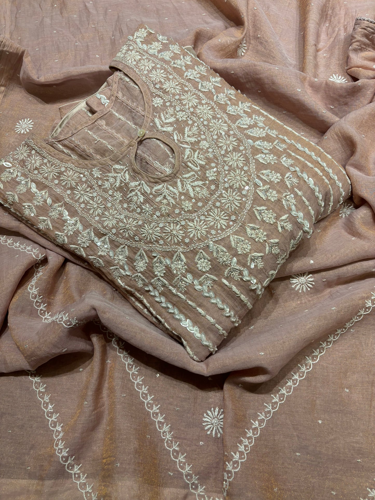 Lavender Latte Pure Tissue Chikankari Anarkali and Dupatta