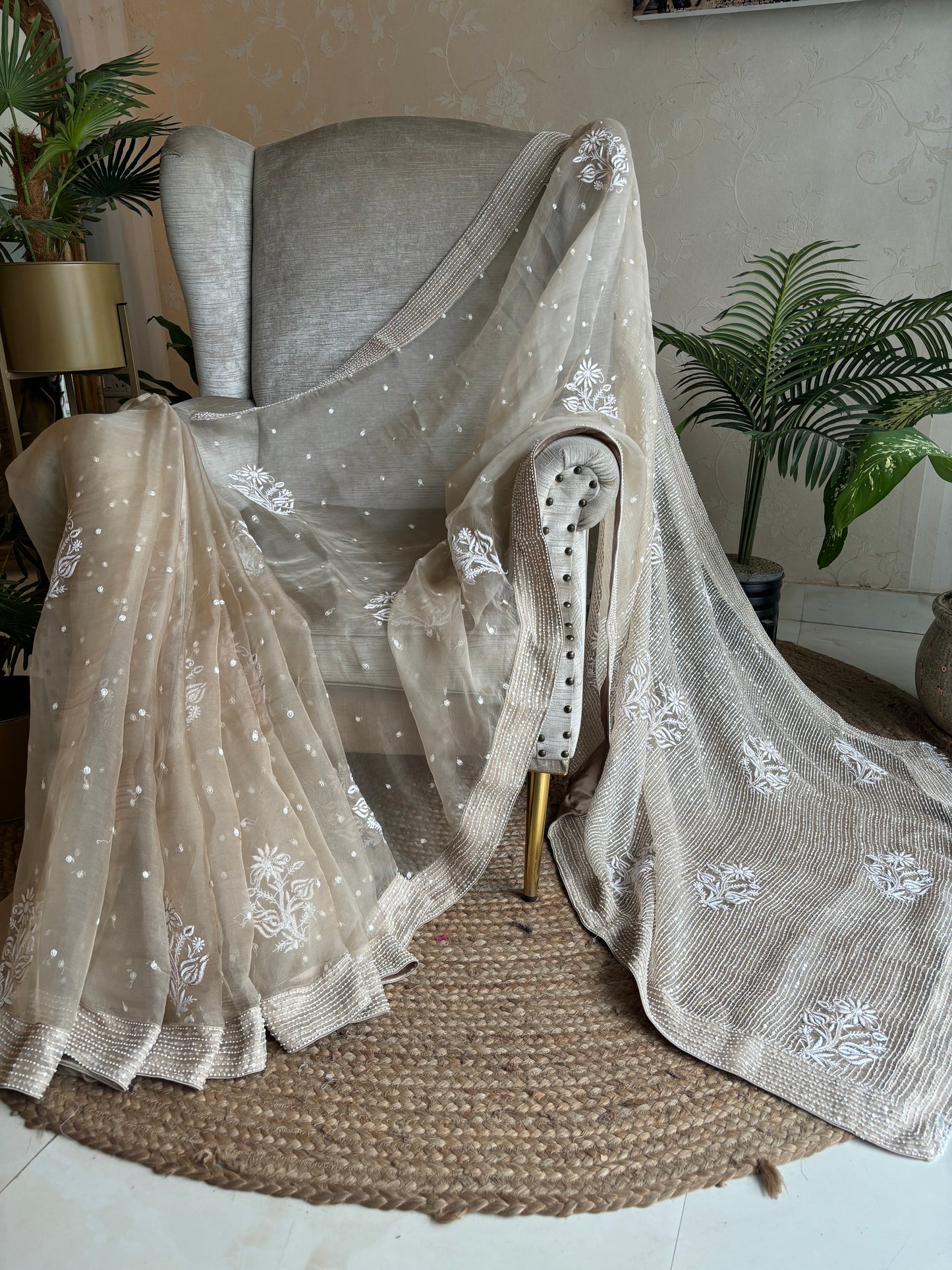 Mouse Organza Silk Chikankari Saree