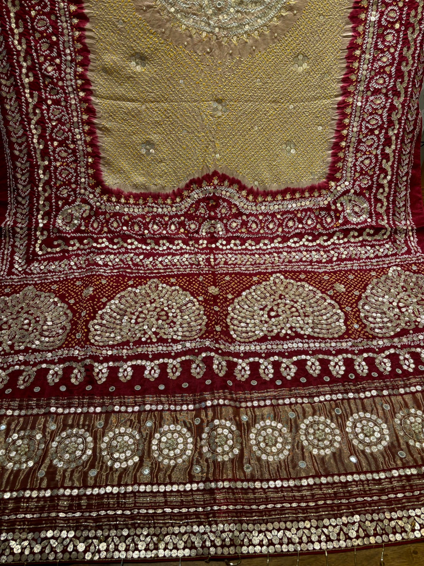 Mahroon and Beige Gajji Silk Bandhej Dupatta