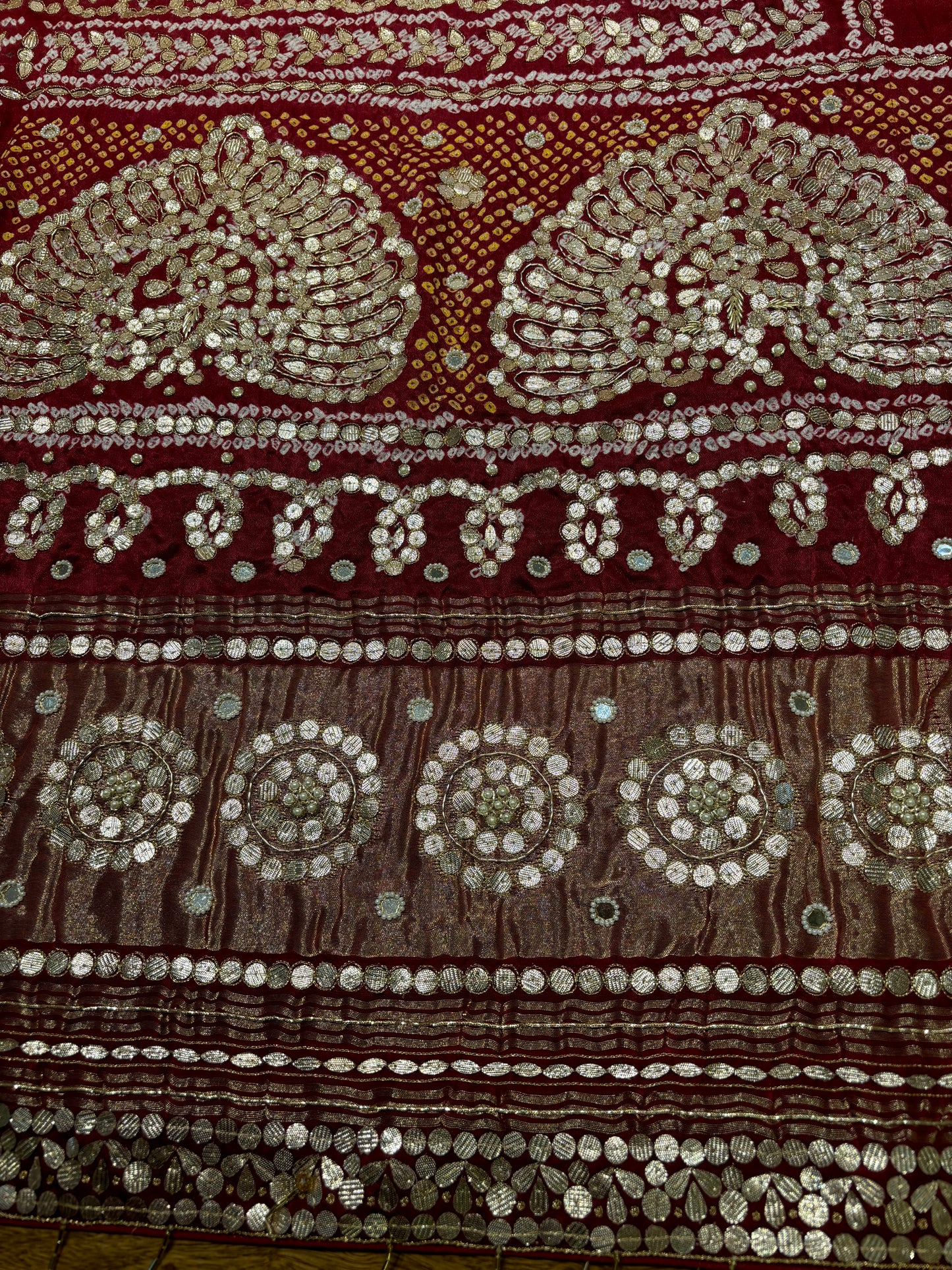 Mahroon and Beige Gajji Silk Bandhej Dupatta