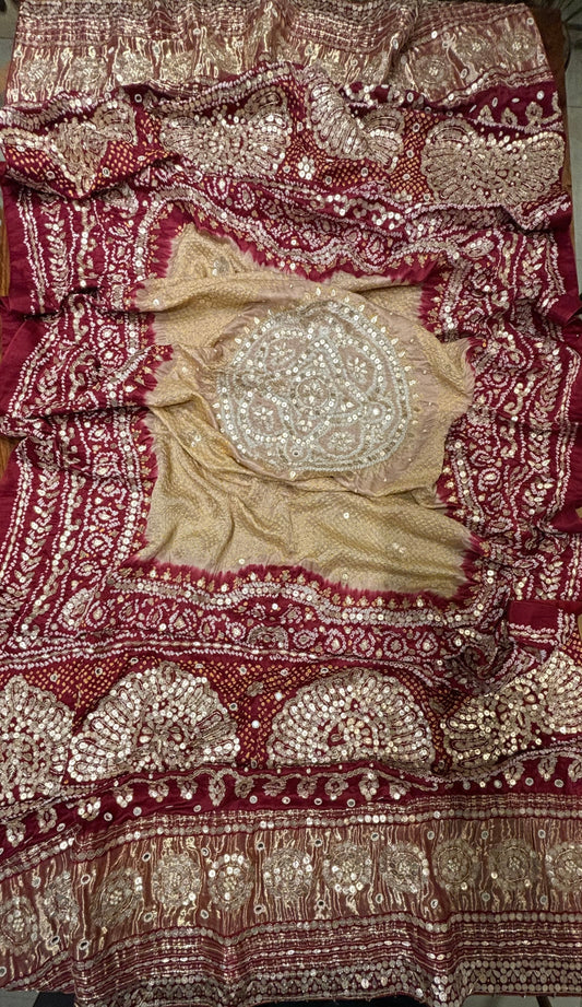 Mahroon and Beige Gajji Silk Bandhej Dupatta