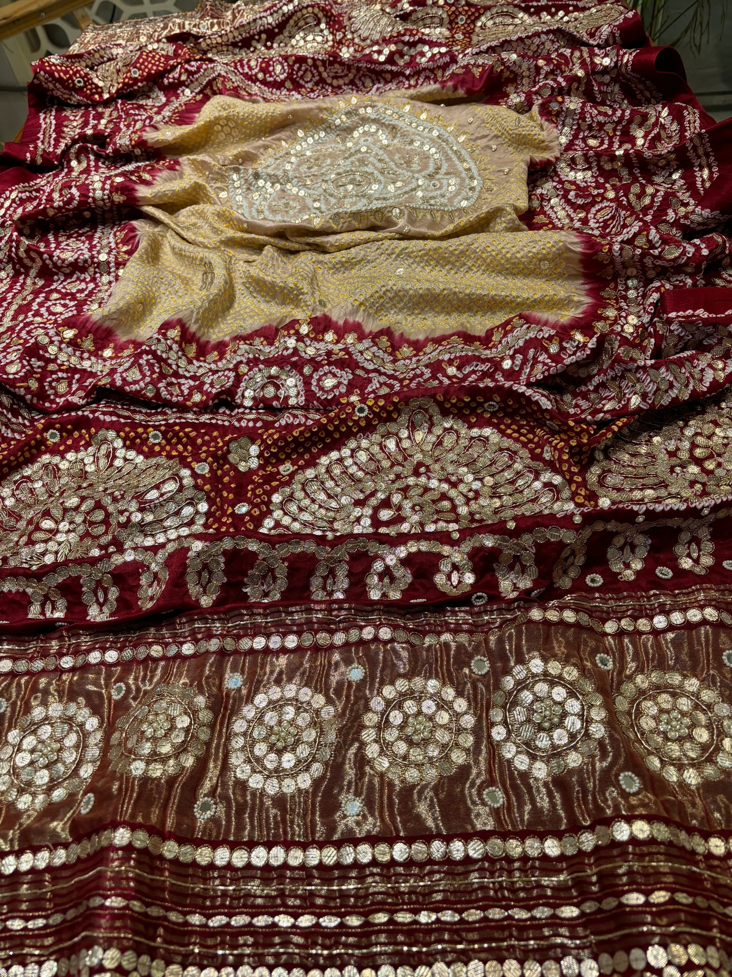 Mahroon and Beige Gajji Silk Bandhej Dupatta