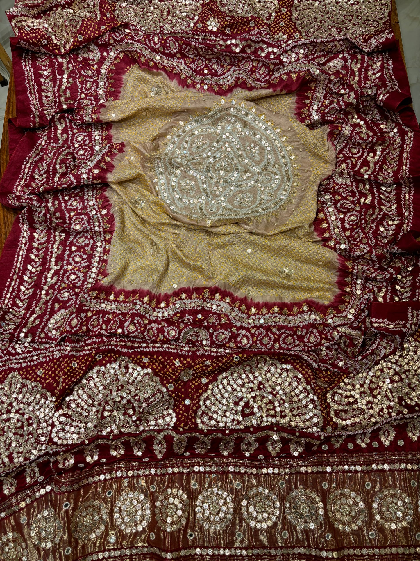 Mahroon and Beige Gajji Silk Bandhej Dupatta