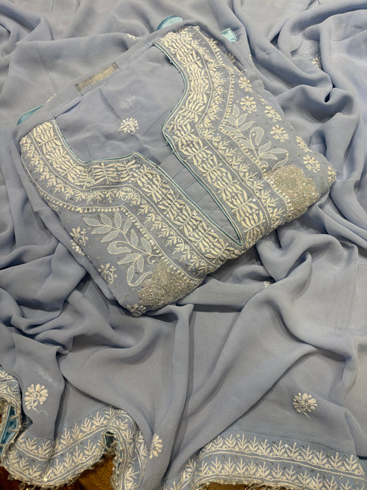 Iceberg Blue Pure Georgette Chikankari Kurta and Dupatta