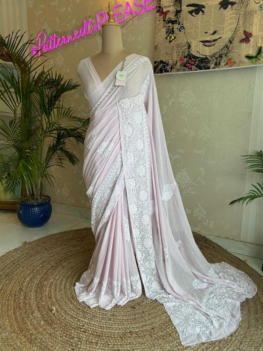 Lilac Pure Georgette Chikankari Saree and Blouse