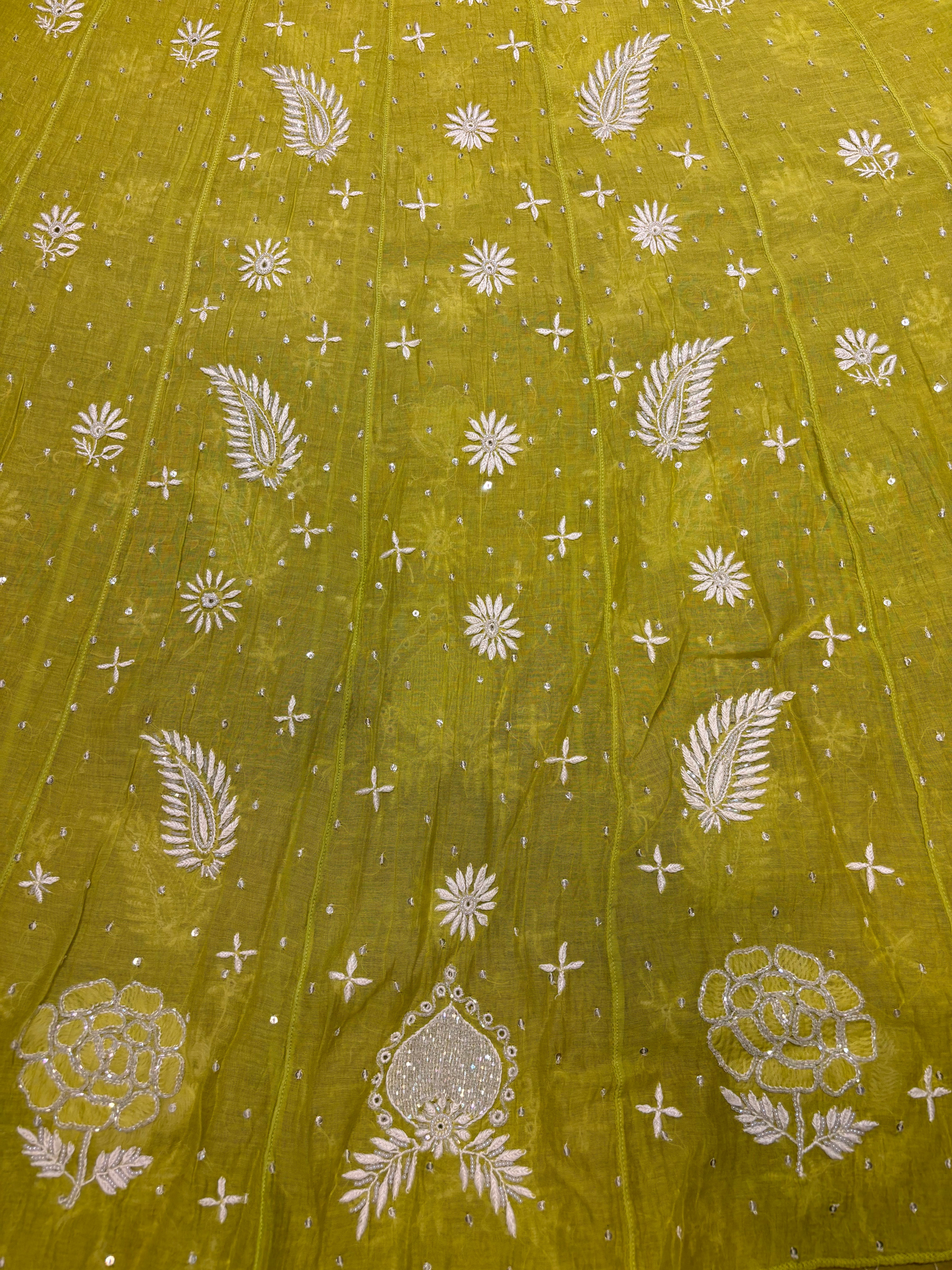 Lime Green Chanderi Mul Chikankari Anarkali and Dupatta