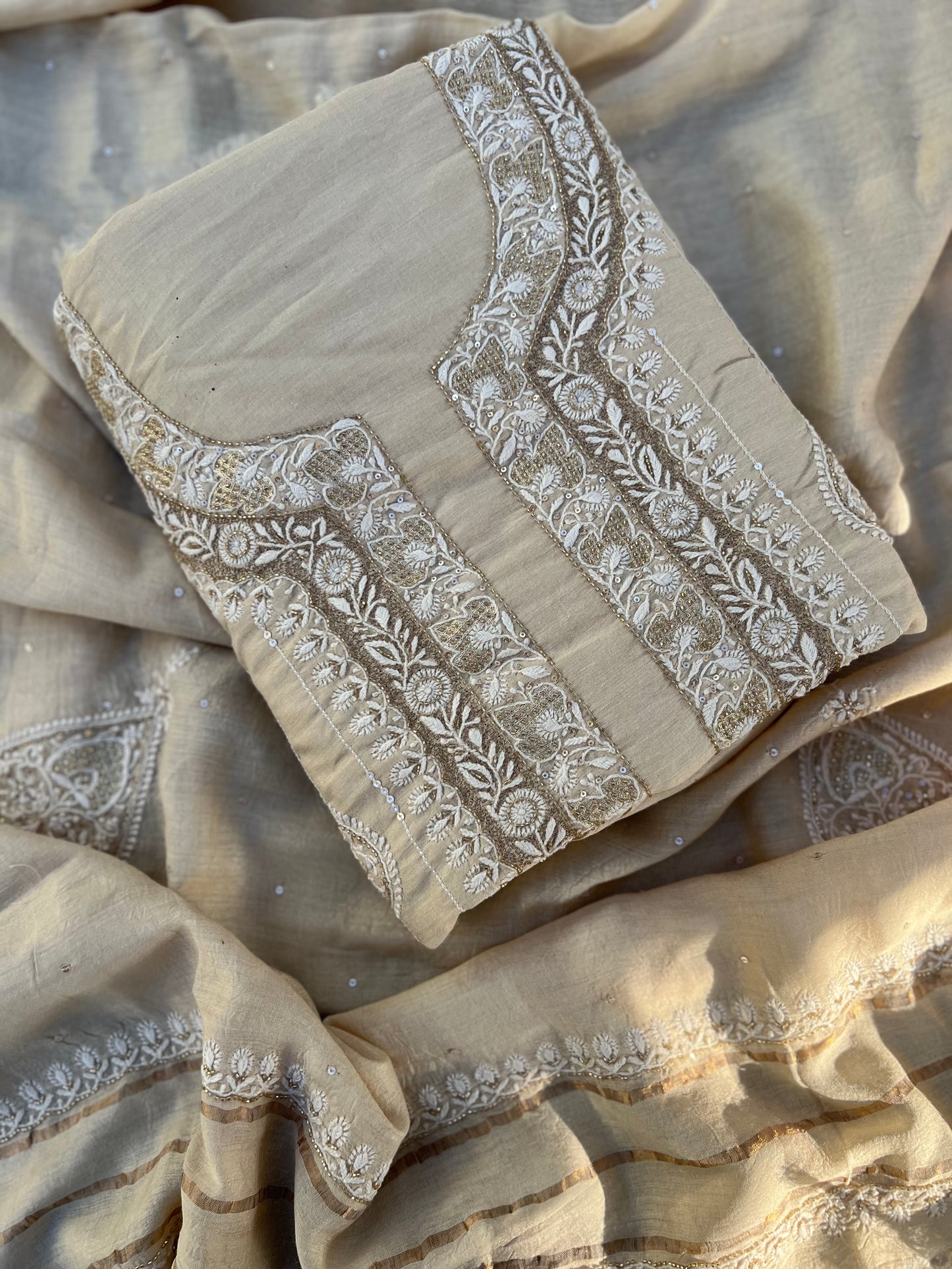 Dyeable Natural Silk Chikankari Kurta and Dupatta Fabric