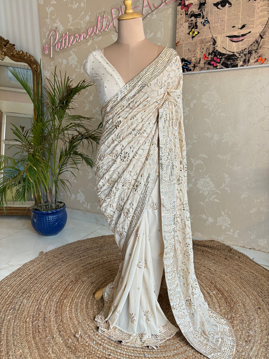 Ivory Pure Georgette Badla Saree